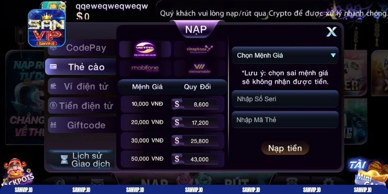 Nạp tiền Sanvip
